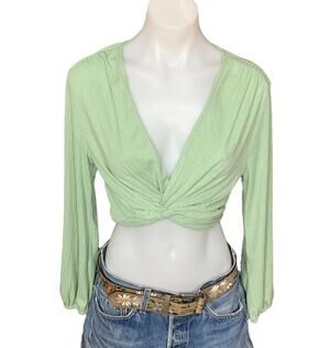 Twist Front Crop Top SMALL Festival Balloon Sleeves Plunging Pistachio Green NEW